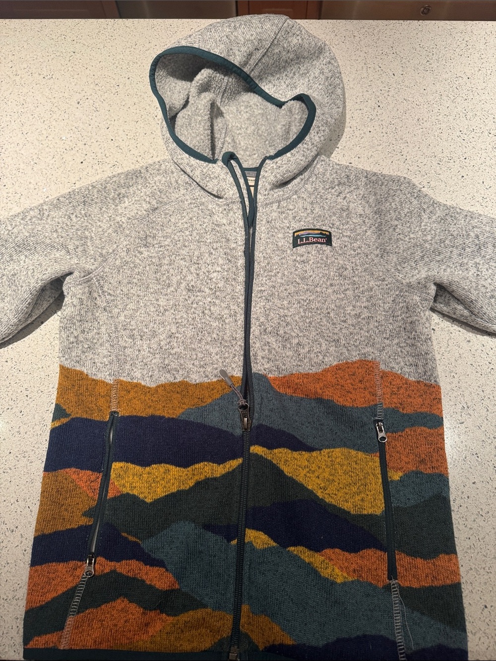 L.L. Bean Gray Hooded Zip Sweater Fleece with Mountain Pattern